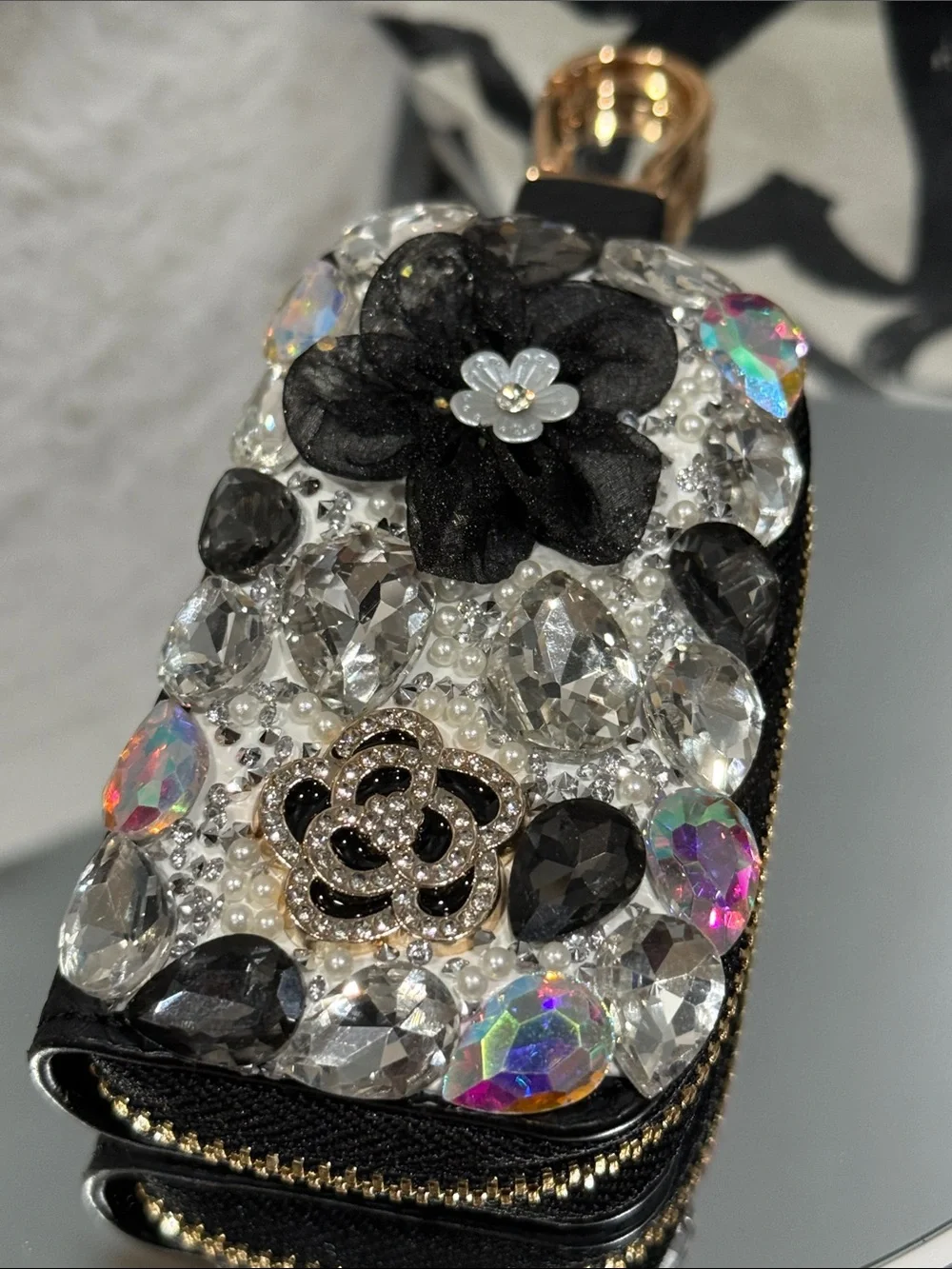 Embellished Black Crystal Flower Mini Crossbody Bag